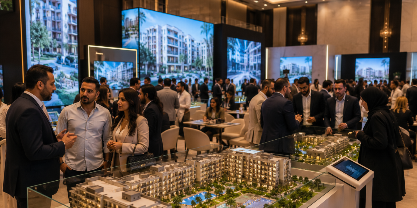 Visitors exploring residential and investment real estate projects at a property exhibition in Egypt through detailed scale models and project presentations.