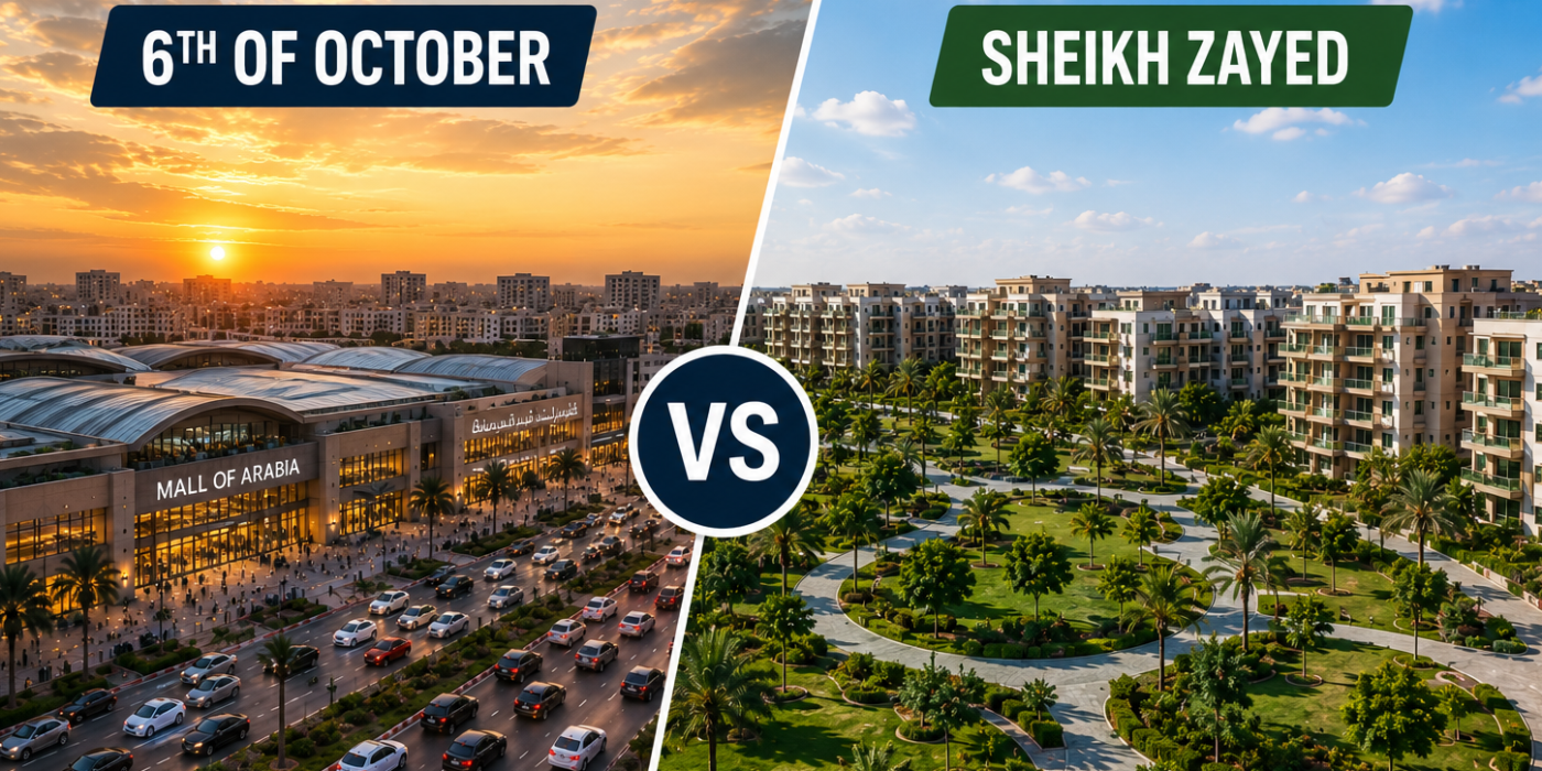 Comparison between Sheikh Zayed and 6th of October City highlighting lifestyle, residential communities, and real estate investment opportunities in West Cairo.