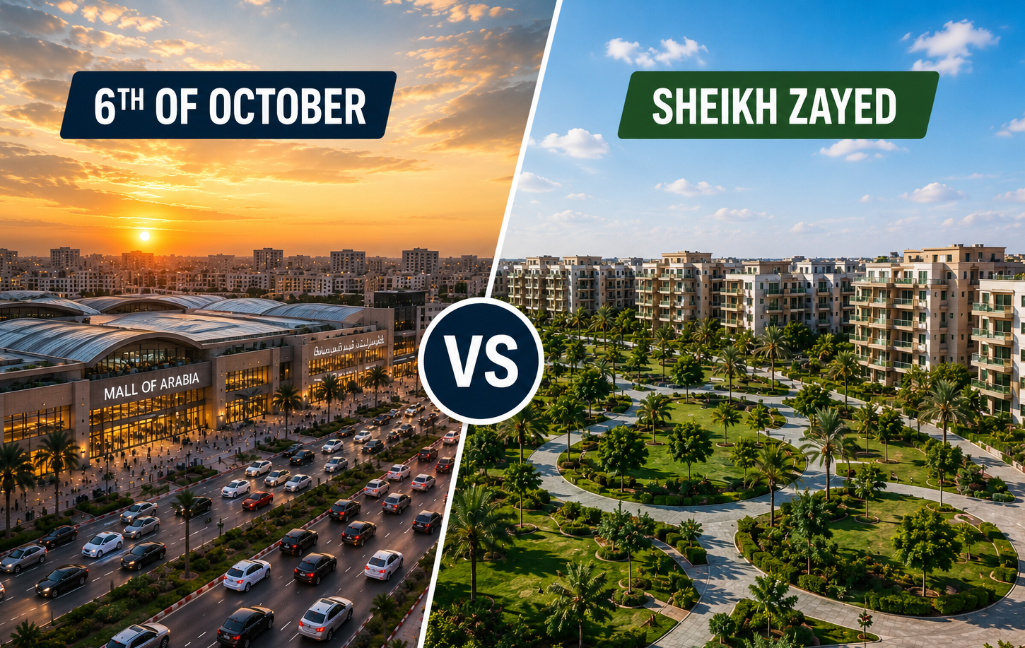Comparison between Sheikh Zayed and 6th of October City highlighting lifestyle, residential communities, and real estate investment opportunities in West Cairo.