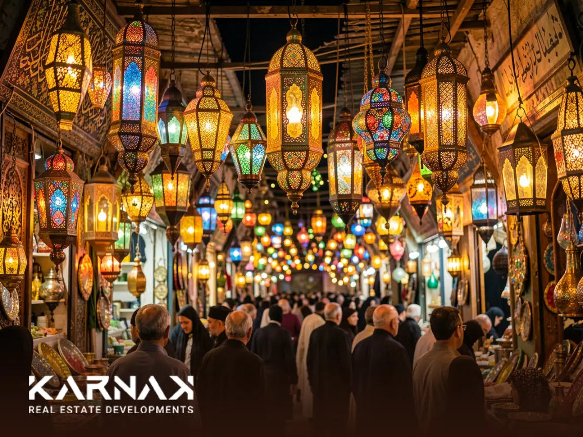 Traditional Ramadan lanterns (Fanous) hanging in a crowded Middle Eastern market, colorful glass lanterns glowing with warm golden light, festive Ramadan atmosphere, rich vibrant colors, Islamic decorative patterns, evening lighting, cozy and magical mood, high detail photography, depth of field, cinematic lighting, ultra realistic, 4k