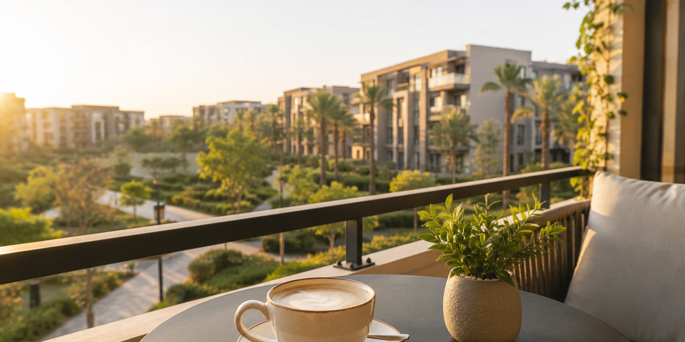 People enjoying breakfast and coffee at a premium outdoor café in Sheikh Zayed, reflecting the area's vibrant lifestyle and residential appeal