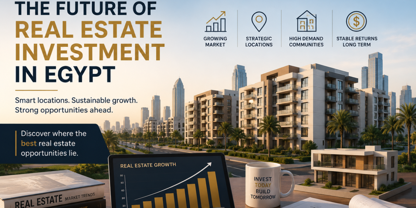 Modern residential developments and city skyline representing the future of real estate investment in Egypt and long-term property market growth