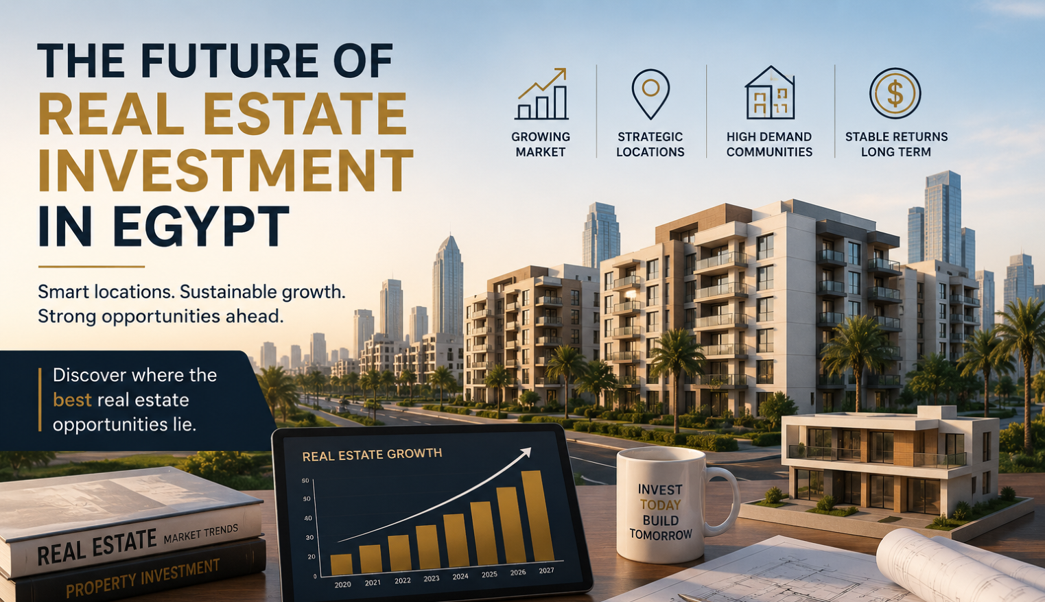 Modern residential developments and city skyline representing the future of real estate investment in Egypt and long-term property market growth