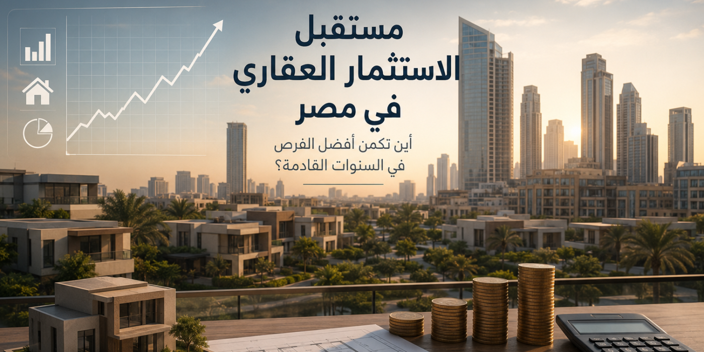 مشهد يعكس مستقبل الاستثمار العقاري في مصر من خلال مشروعات سكنية حديثة ومخططات معمارية ومؤشرات نمو مالي.