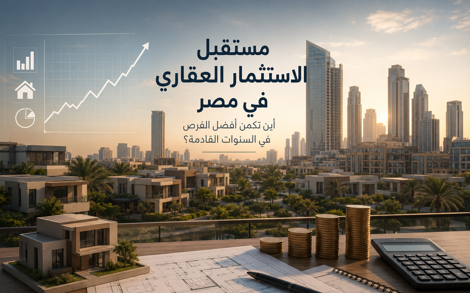 مشهد يعكس مستقبل الاستثمار العقاري في مصر من خلال مشروعات سكنية حديثة ومخططات معمارية ومؤشرات نمو مالي.