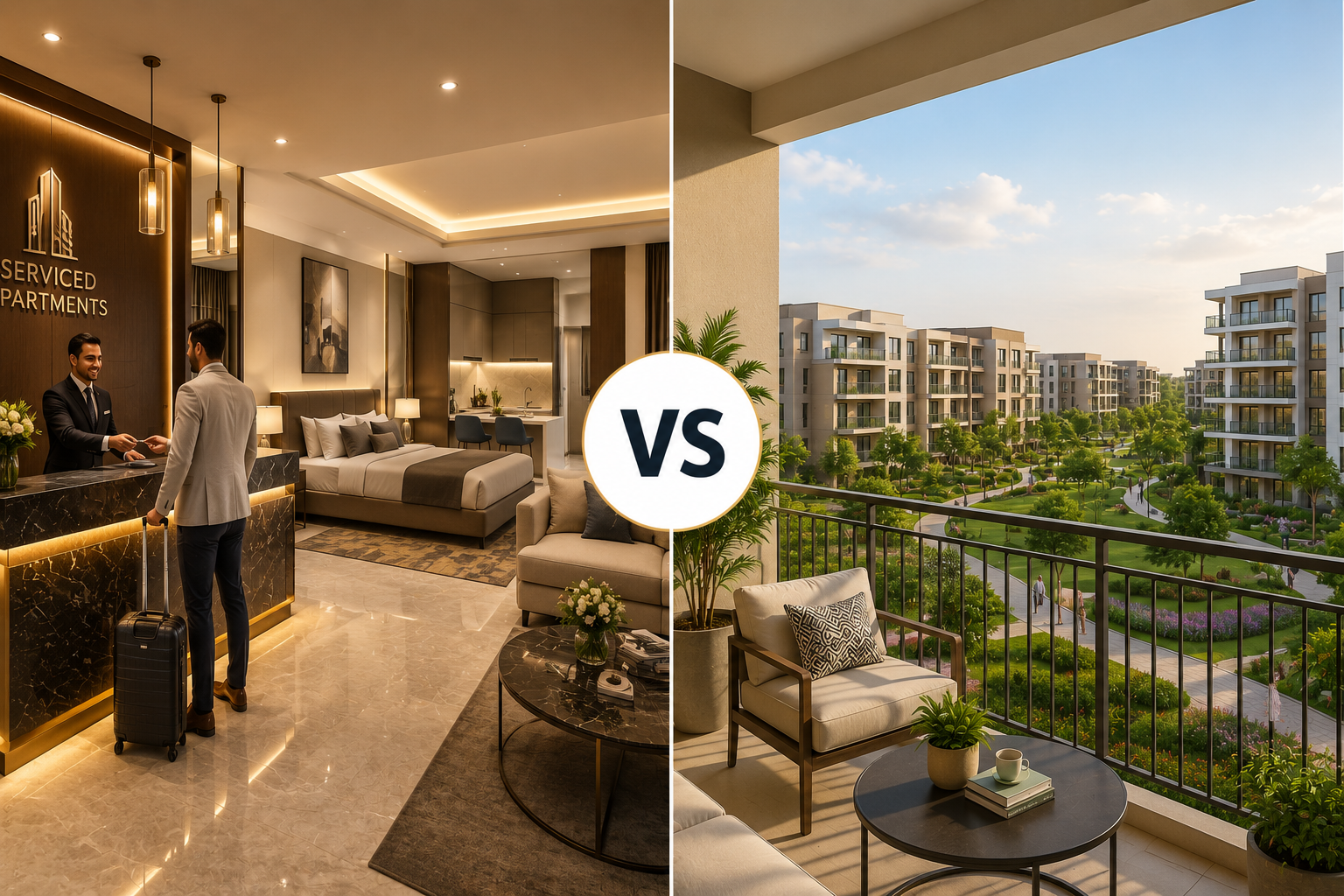Luxury serviced apartment versus a modern residential compound apartment, illustrating accommodation styles and property investment opportunities in Egypt.