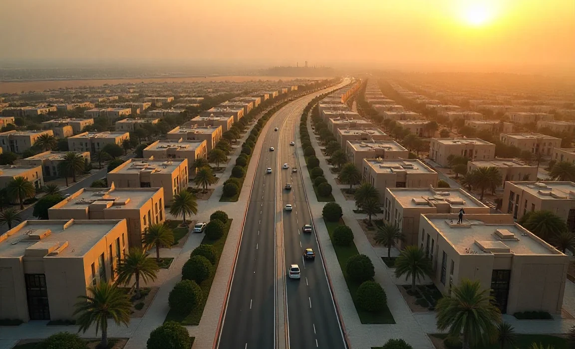 Waslet Dahshour Sheikh Zayed — a modern investment and residential corridor in West Cairo featuring wide roads, luxury compounds, green landscapes, and contemporary architecture under sunset light.