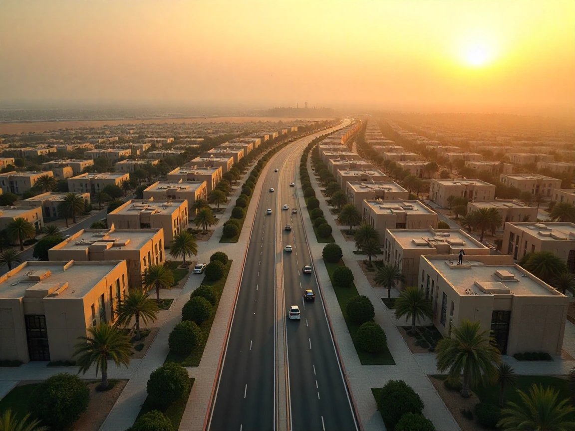 Waslet Dahshour Sheikh Zayed — a modern investment and residential corridor in West Cairo featuring wide roads, luxury compounds, green landscapes, and contemporary architecture under sunset light.