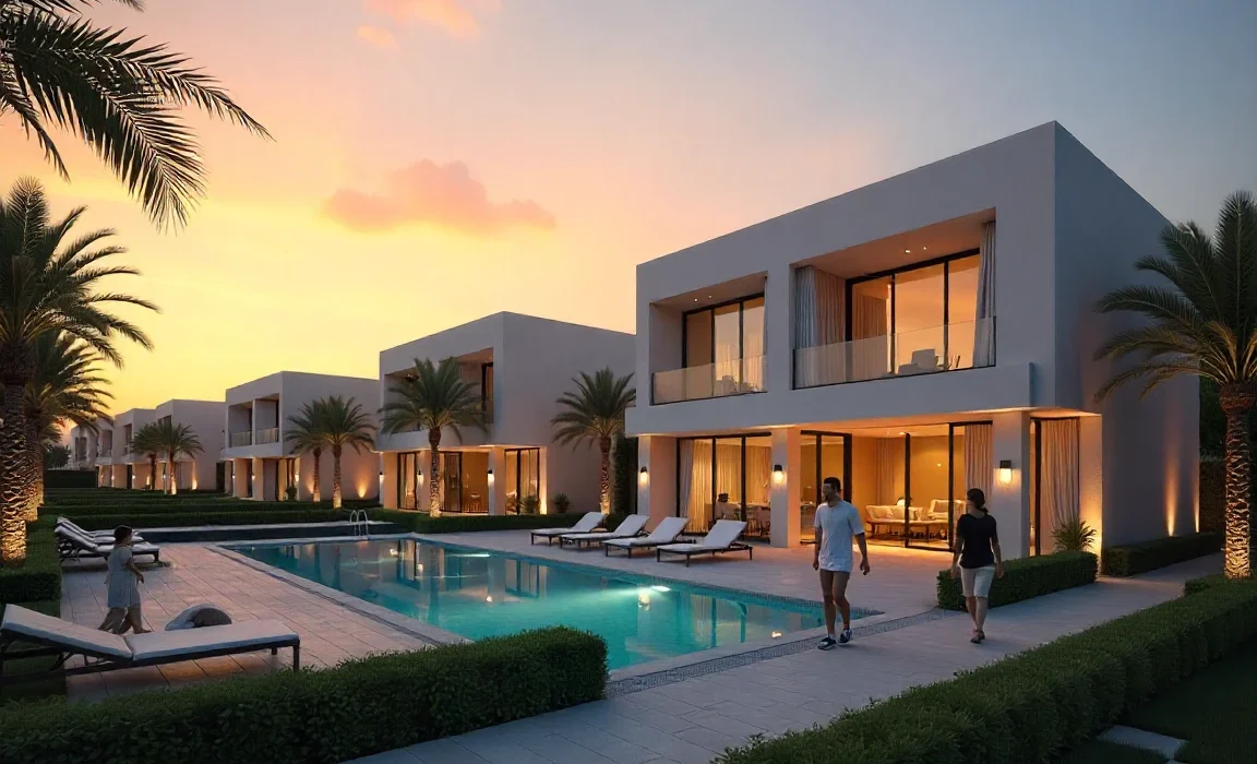 إطلالة جوية على مشروعات سكنية راقية في مدينة الشيخ زايد بمصر مع مبانٍ حديثة وحدائق خضراء وشوارع واسعة وقت الغروب