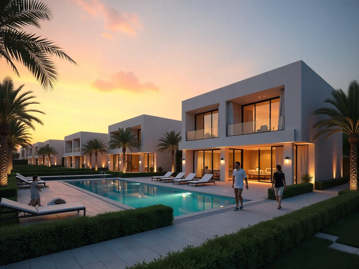 إطلالة جوية على مشروعات سكنية راقية في مدينة الشيخ زايد بمصر مع مبانٍ حديثة وحدائق خضراء وشوارع واسعة وقت الغروب