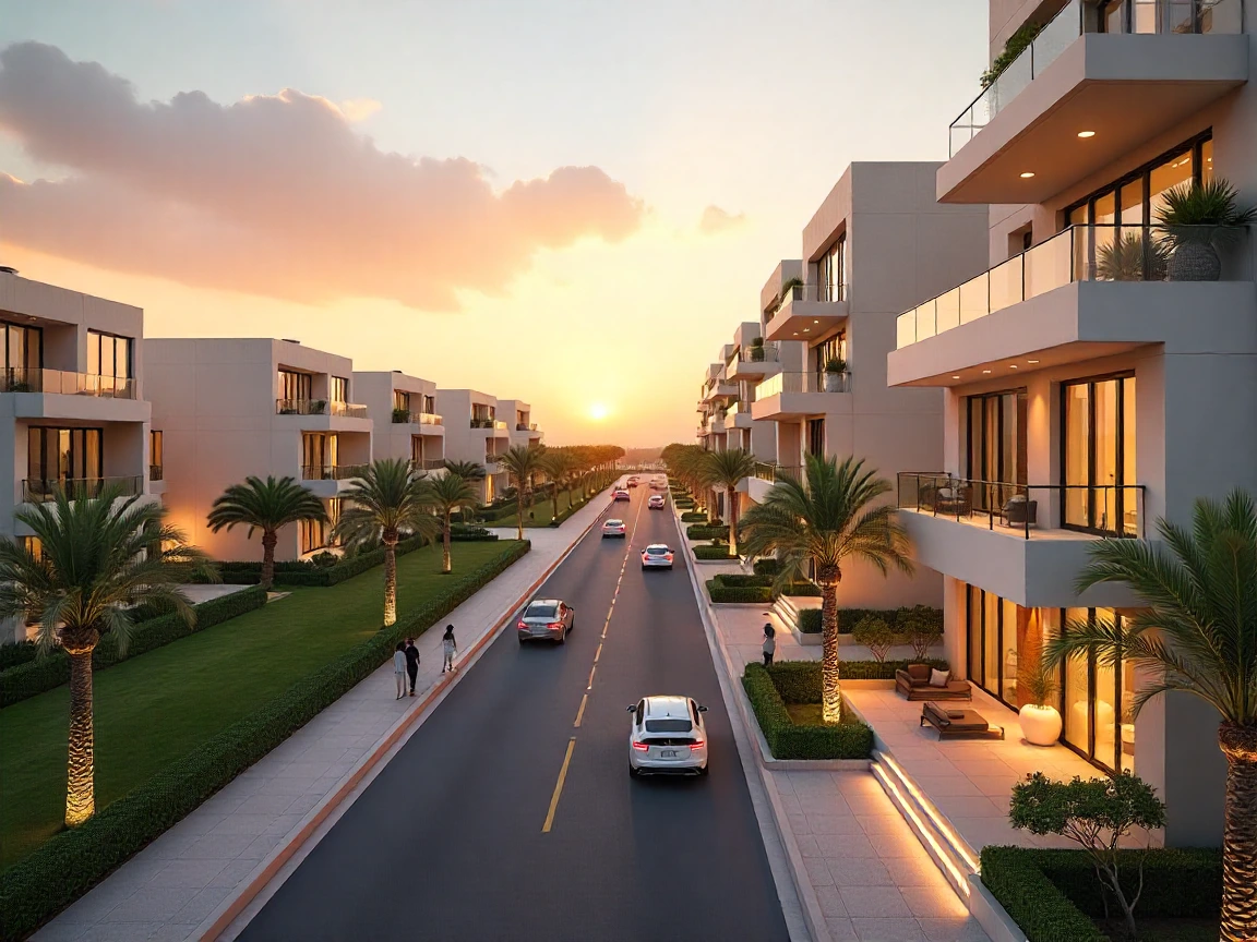 Apartments in Sheikh Zayed — Belva project by Al Karnak Real Estate Development Company. The picture shows luxurious residential buildings with modern design, green gardens, and upscale views that reflect the modern lifestyle in Sheikh Zayed.