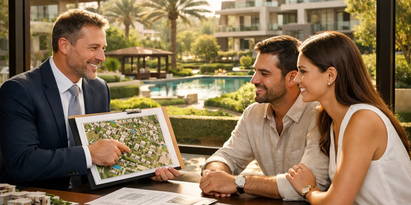 Family exploring a modern residential development by a trusted real estate developer in Sheikh Zayed.