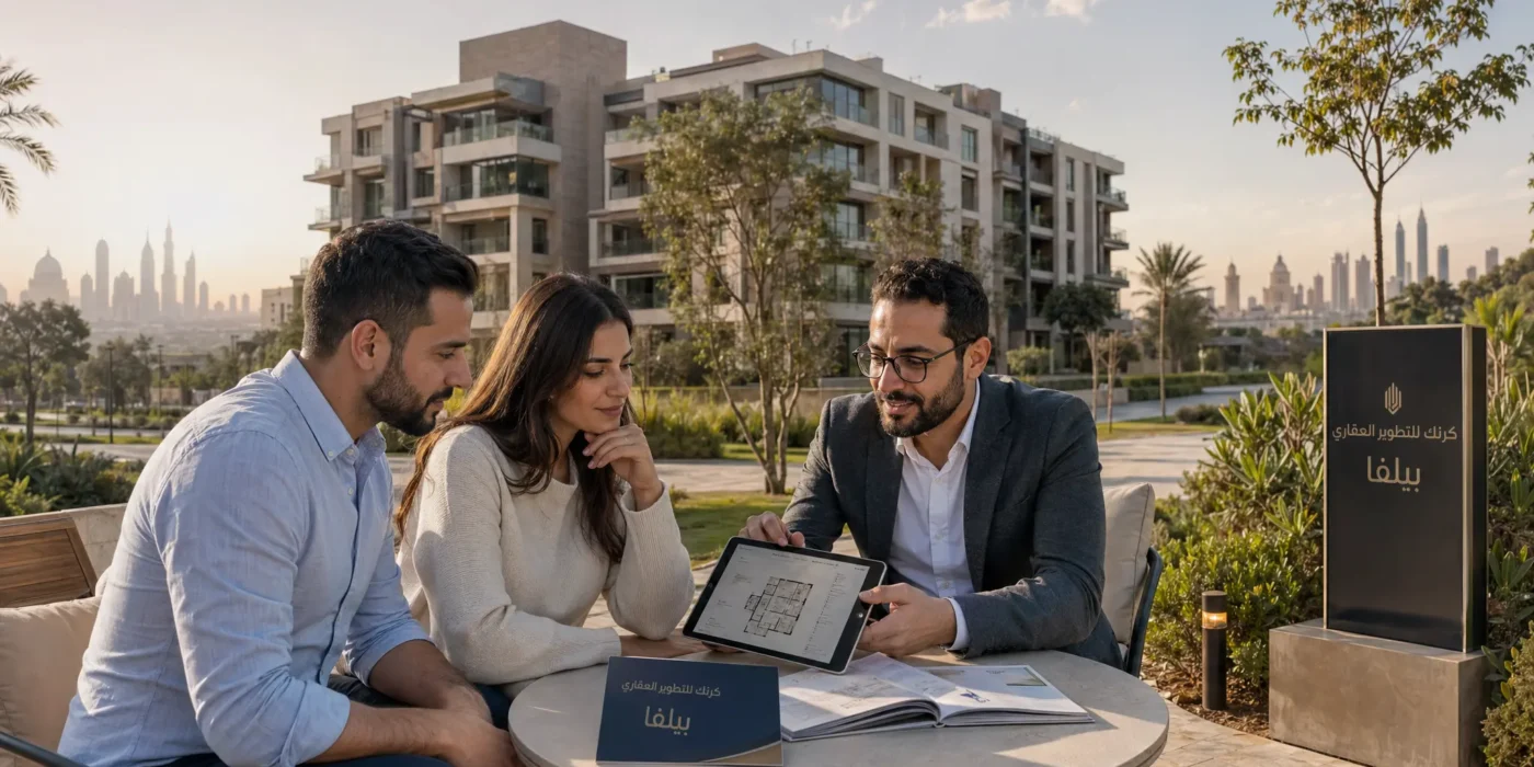 عائلة تتعرف على مشروع سكني حديث من تطوير مطورًا عقاريًا موثوقًا في الشيخ زايد