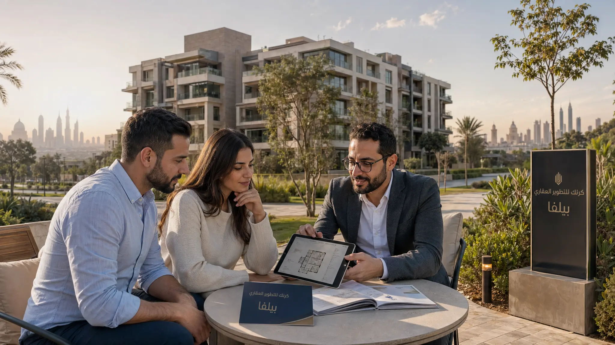 عائلة تتعرف على مشروع سكني حديث من تطوير مطورًا عقاريًا موثوقًا في الشيخ زايد