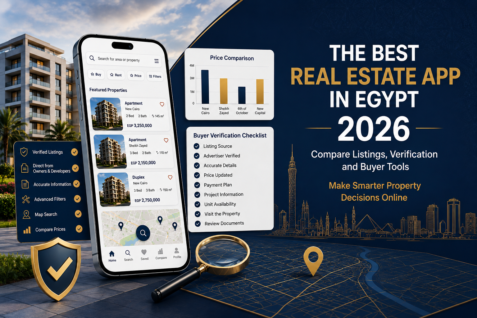 Best real estate app in Egypt 2026 for comparing property listings, prices, verification tools, maps, and buyer features before purchasing.