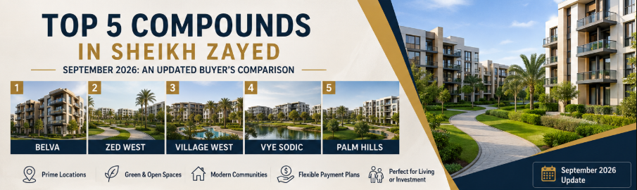 Top 5 compounds in Sheikh Zayed 2026 comparison for homebuyers and real estate investors, including Belva, ZED West, Village West, VYE SODIC and Palm Hills.