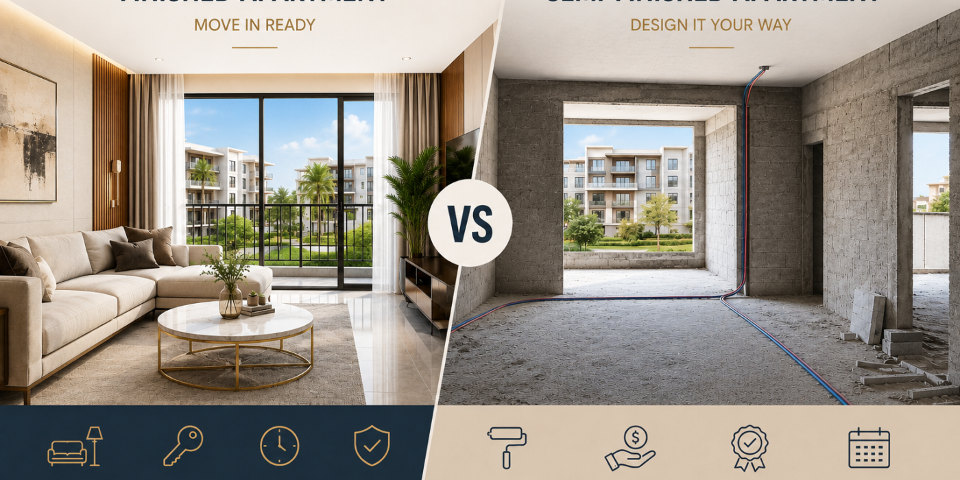 Semi-finished vs finished apartment in Sheikh Zayed, comparing move-in readiness, customization, finishing costs, time, and quality control.