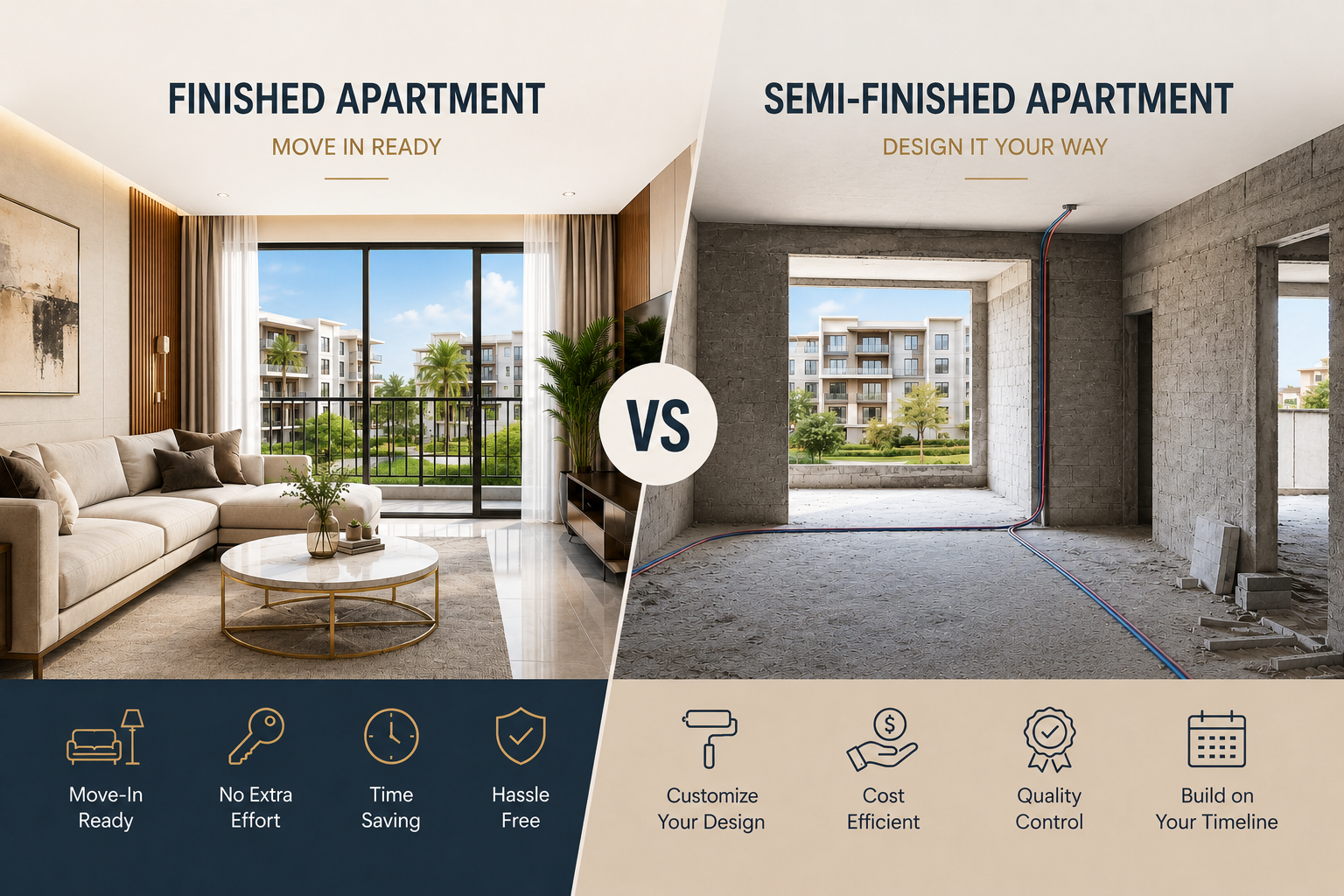Semi-finished vs finished apartment in Sheikh Zayed, comparing move-in readiness, customization, finishing costs, time, and quality control.