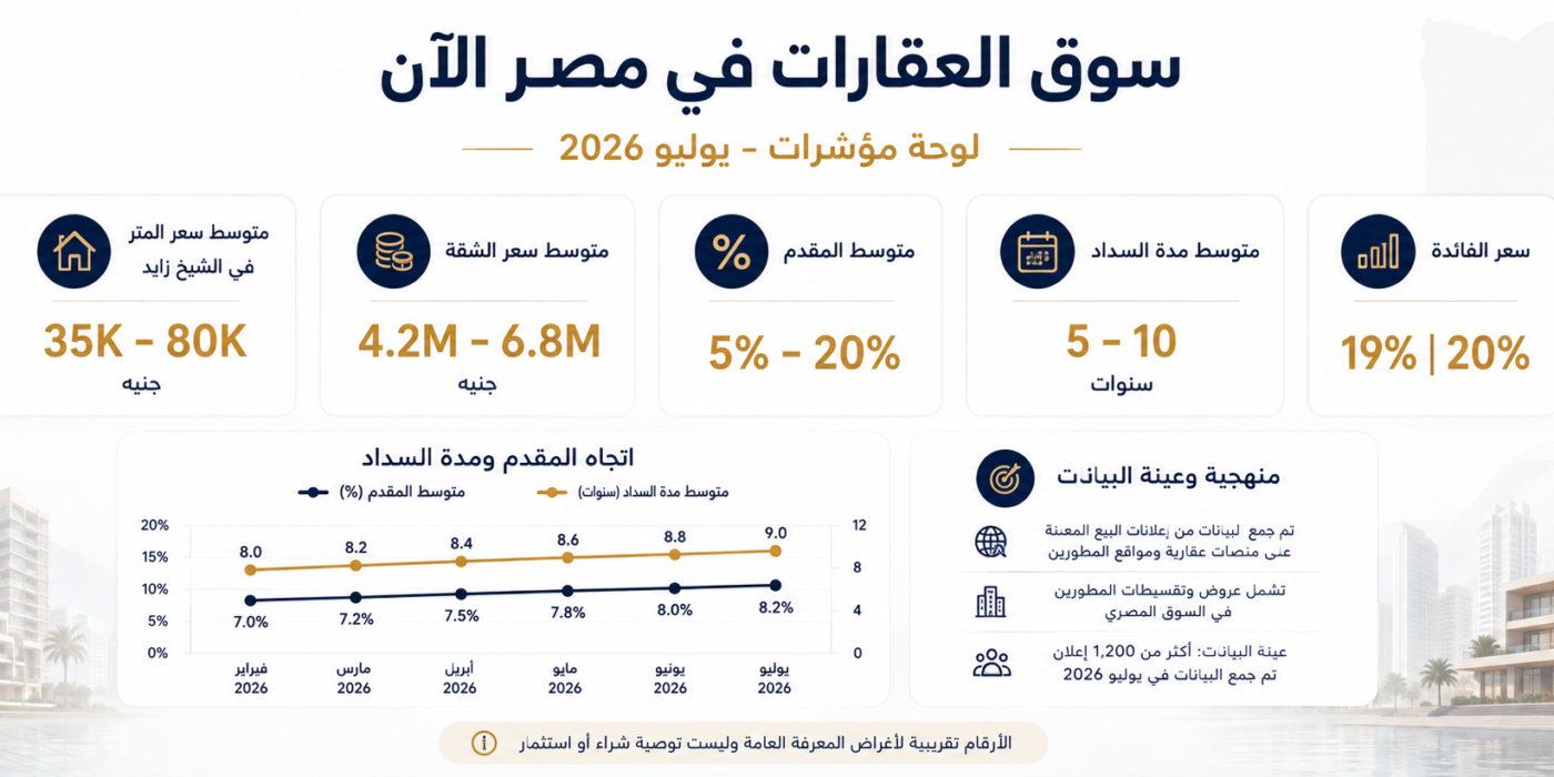سوق العقارات في مصر الآن ومؤشرات الأسعار والمقدم والتقسيط والفائدة في أغسطس 2026