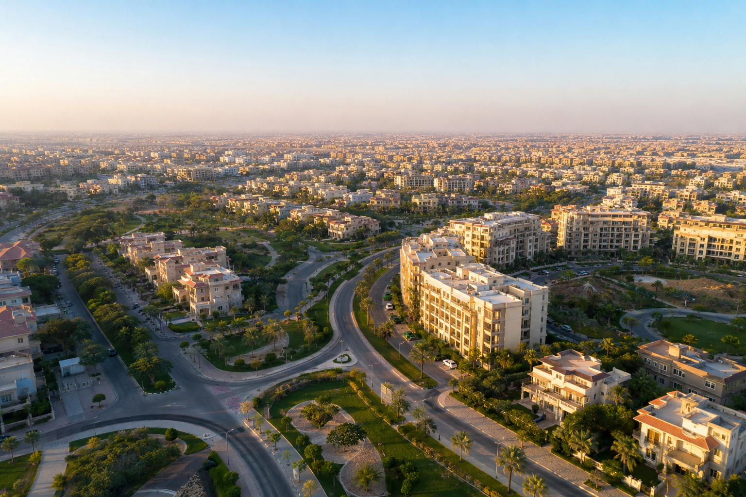 Modern aerial view of residential developments in Sheikh Zayed featured the best real estate developer