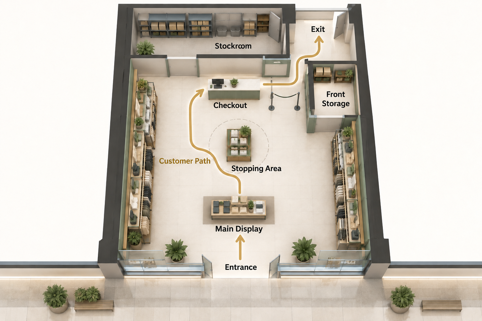 Top-down small retail store plan showing the entrance, customer path, main display, stopping area, checkout, front storage, stockroom, and exit.