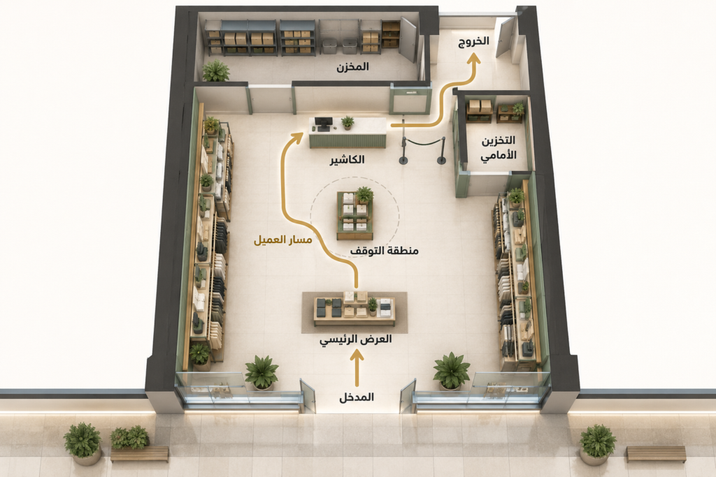 رسم تخطيطي لمحل تجاري صغير داخل مول يوضح المدخل ومسار العميل ووحدات العرض والكاشير والتخزين الأمامي والمخزن الخلفي.