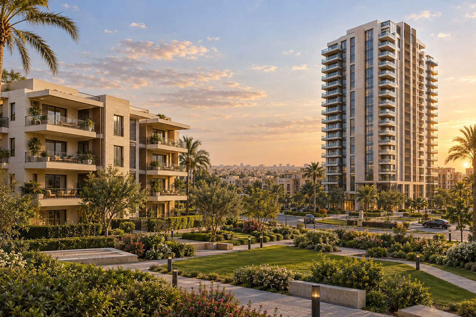Low-rise residential building compared with a modern tower when choosing apartments for sale in Sheikh Zayed.